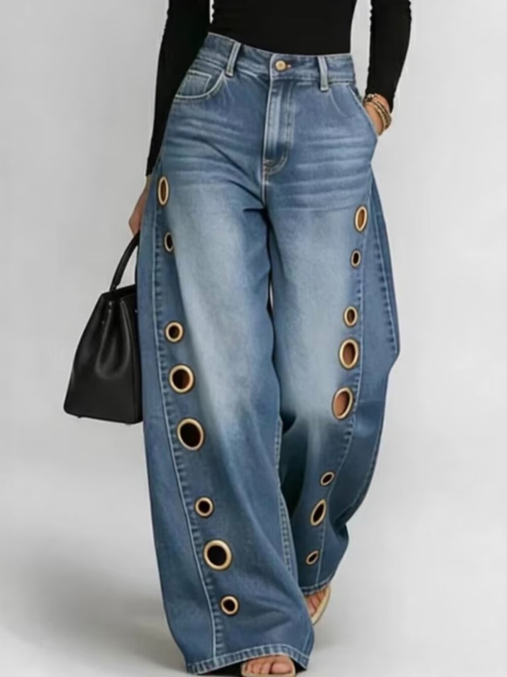 Vintage Washed High Rise Baggy Wide Leg Jeans for Women Classic Five Pocket